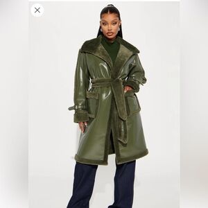 Olive Green Faux Leather Coat